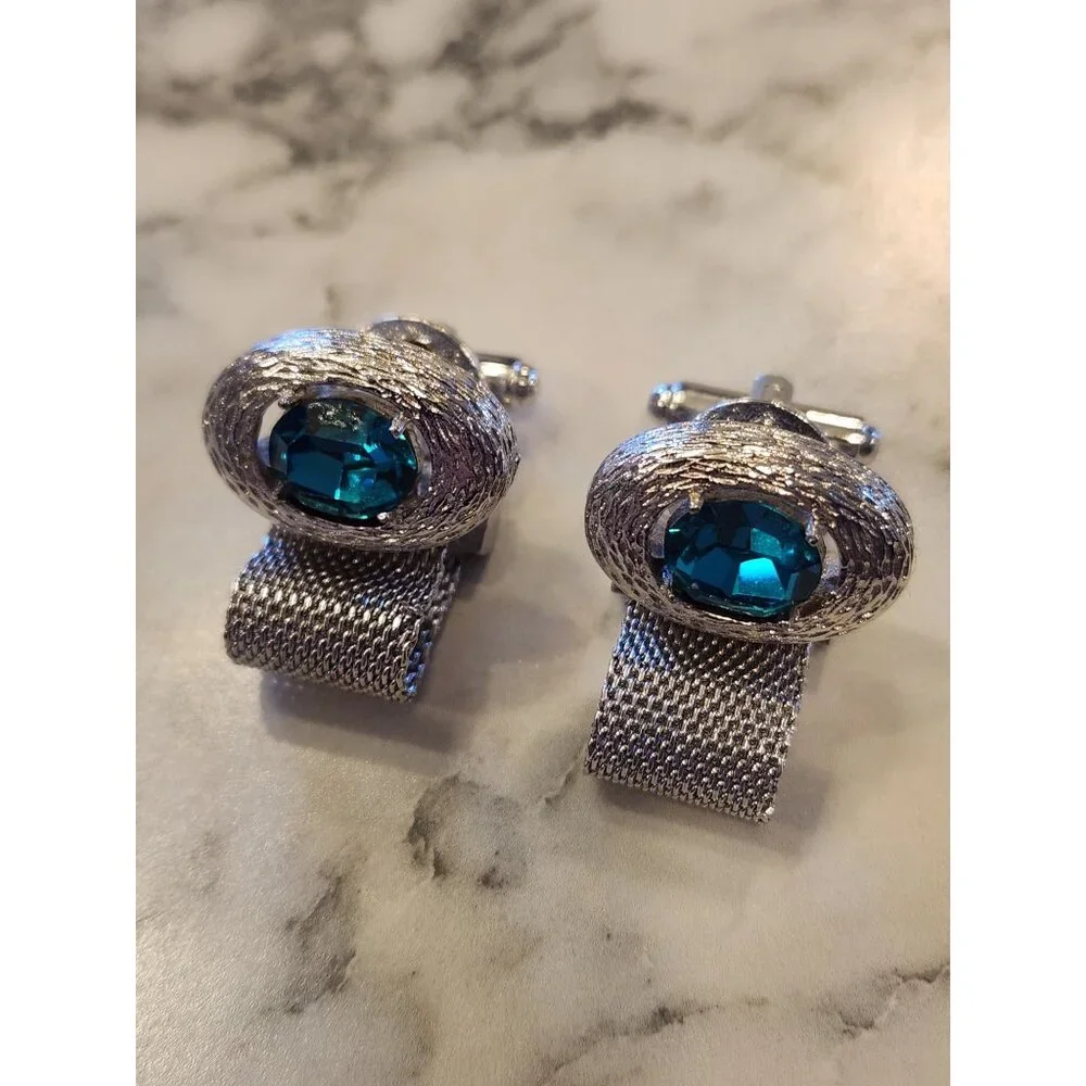 Vintage Silver Tone Mesh Cufflinks With Blue Oval Gemstones